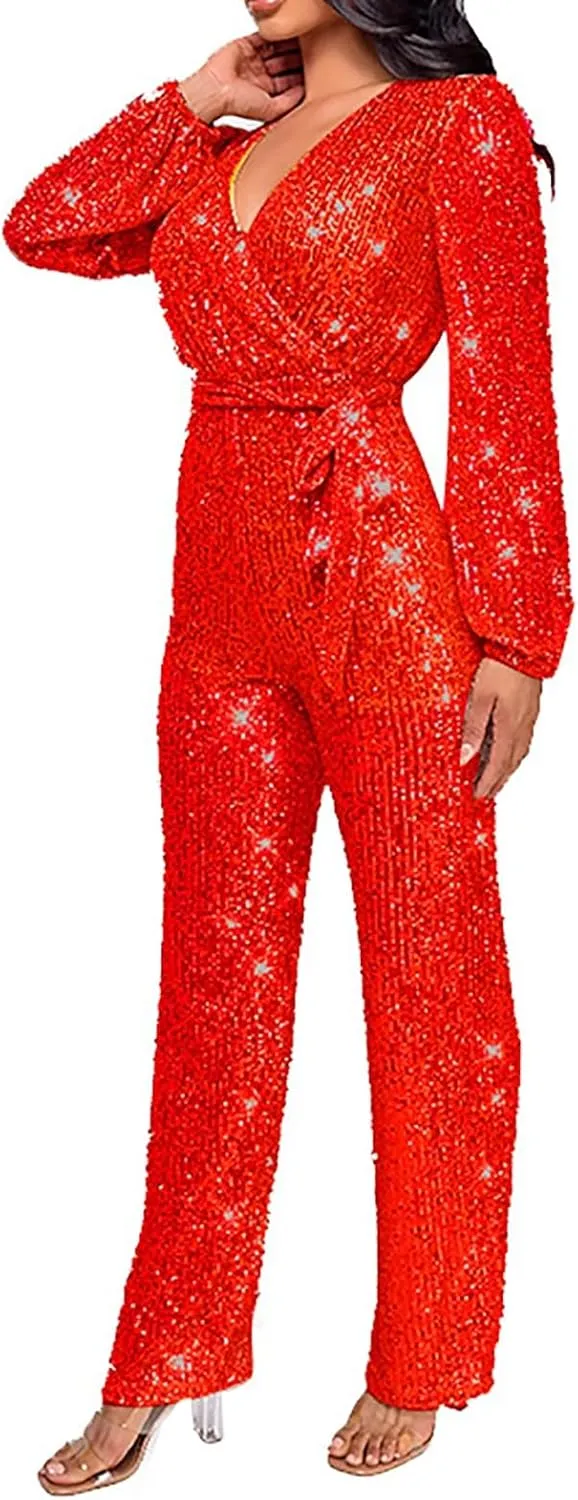 Women Sequin Party Clubwear Romper Glitter Shiny Wrap V Neck Sexy Long Sleeve Jumpsuit Straight Wide Long Pants