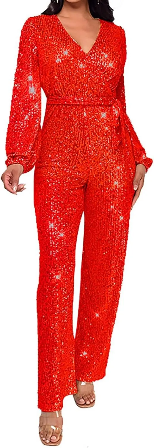 Women Sequin Party Clubwear Romper Glitter Shiny Wrap V Neck Sexy Long Sleeve Jumpsuit Straight Wide Long Pants