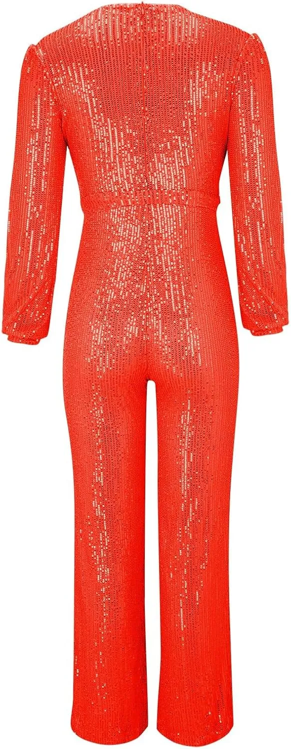 Women Sequin Party Clubwear Romper Glitter Shiny Wrap V Neck Sexy Long Sleeve Jumpsuit Straight Wide Long Pants
