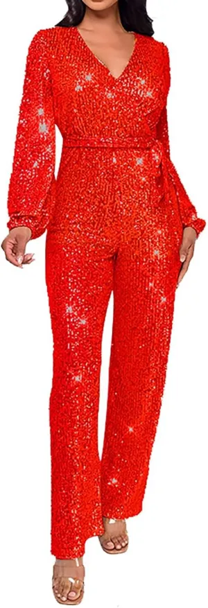Women Sequin Party Clubwear Romper Glitter Shiny Wrap V Neck Sexy Long Sleeve Jumpsuit Straight Wide Long Pants