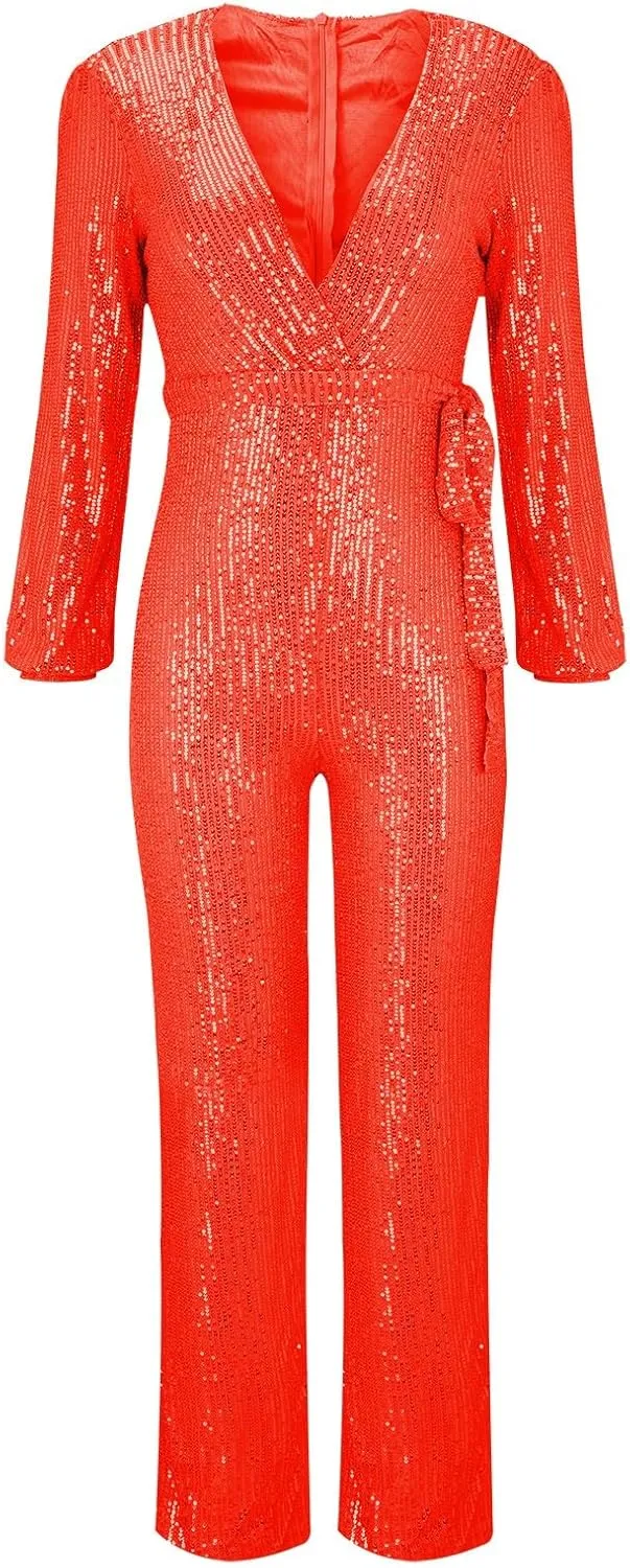 Women Sequin Party Clubwear Romper Glitter Shiny Wrap V Neck Sexy Long Sleeve Jumpsuit Straight Wide Long Pants