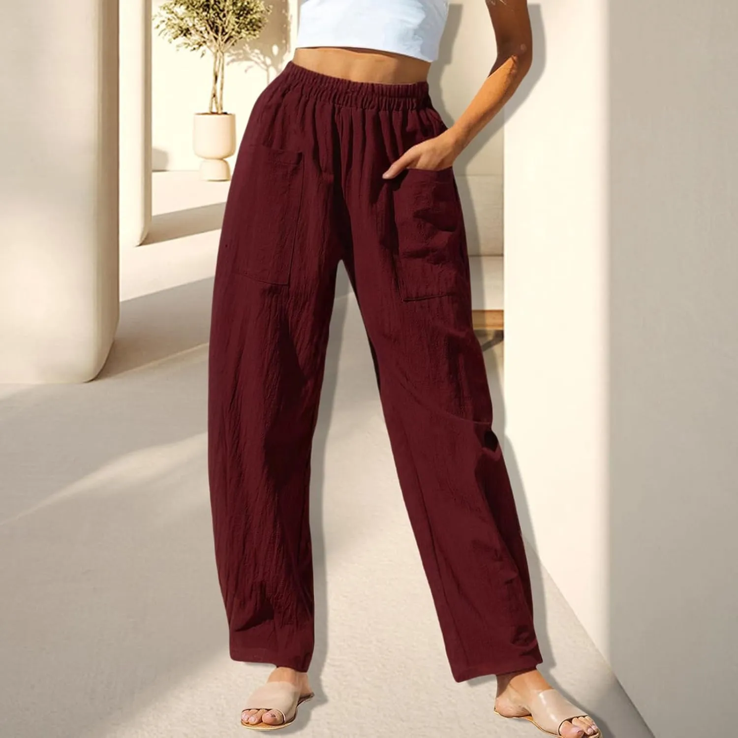 Women Summer Beach Vacation Pants Wide Leg Linen Elastic Waist Loose Palazzo Flowy Trousers with Pocket