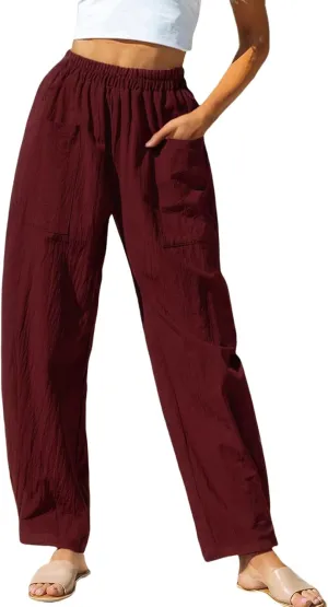 Women Summer Beach Vacation Pants Wide Leg Linen Elastic Waist Loose Palazzo Flowy Trousers with Pocket
