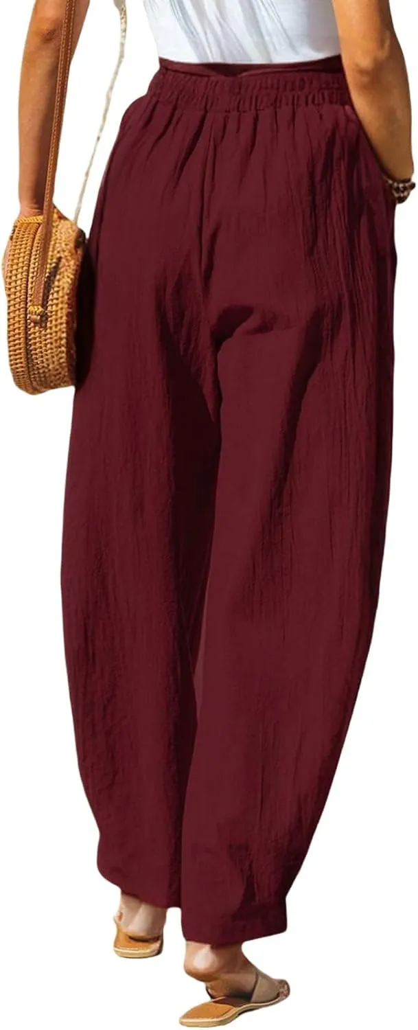 Women Summer Beach Vacation Pants Wide Leg Linen Elastic Waist Loose Palazzo Flowy Trousers with Pocket
