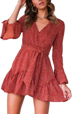 Women Summer Casual Boho Ruffles Long Sleeve V Neck Belted A-Line Wrap Mini Floral Dress