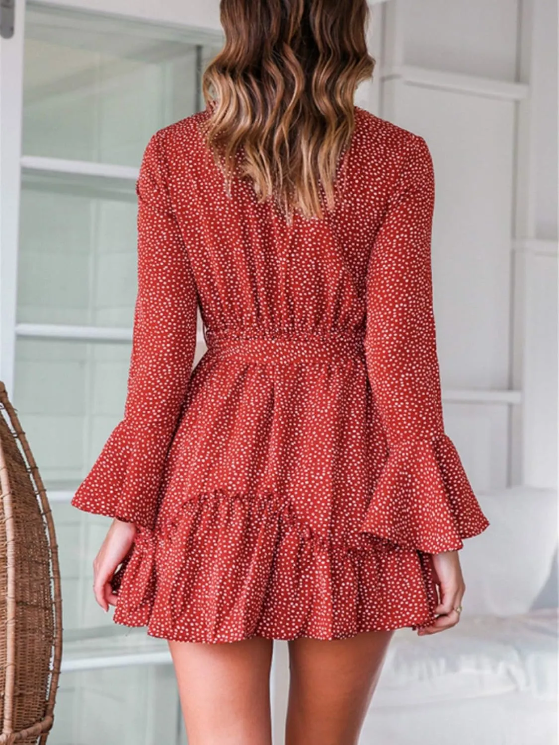 Women Summer Casual Boho Ruffles Long Sleeve V Neck Belted A-Line Wrap Mini Floral Dress