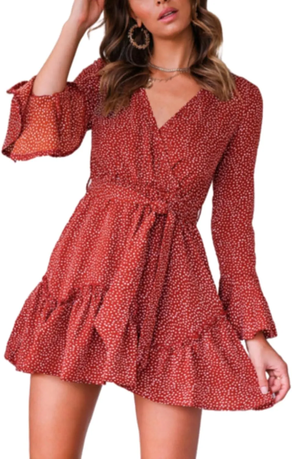 Women Summer Casual Boho Ruffles Long Sleeve V Neck Belted A-Line Wrap Mini Floral Dress