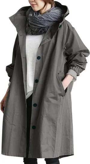 Women Trench Coat Long Sleeve Solid Pocket Cardigan Button Top Sweater Knit Hooded Coat Lapel Slim Casual Petite