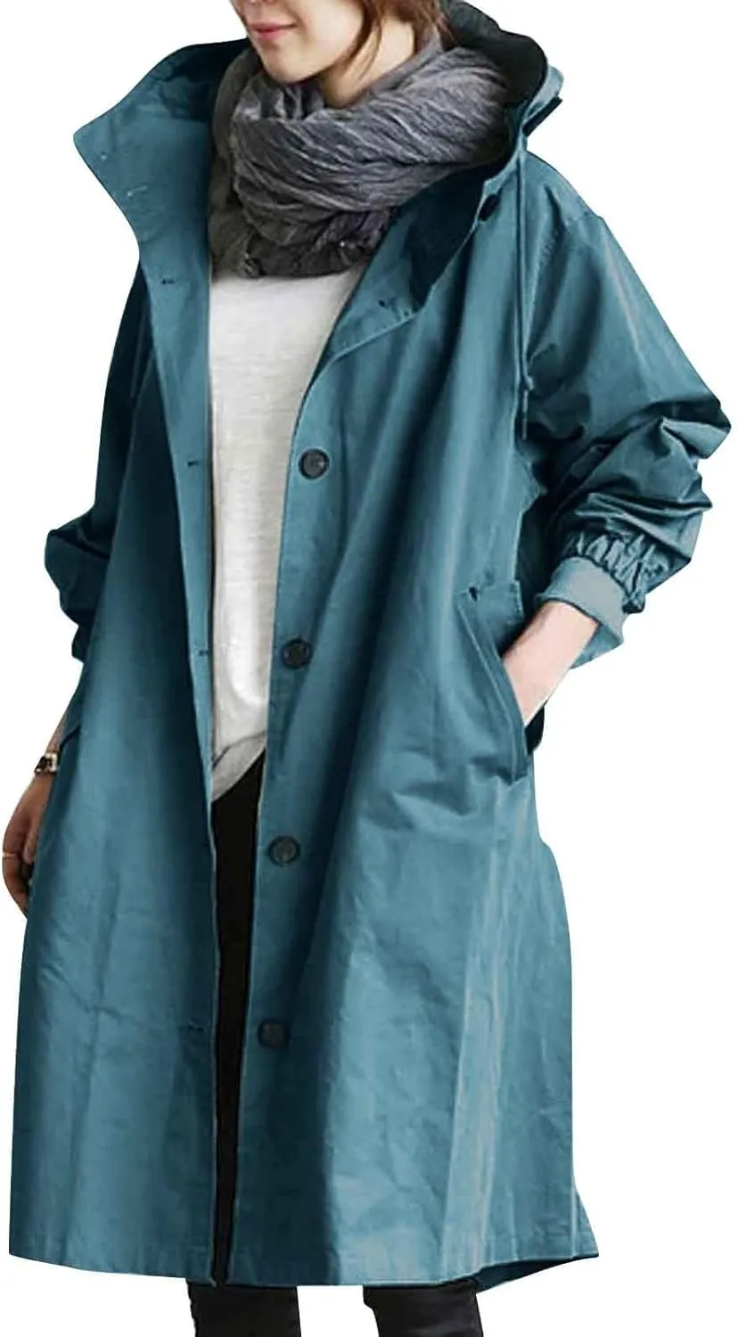 Women Trench Coat Long Sleeve Solid Pocket Cardigan Button Top Sweater Knit Hooded Coat Lapel Slim Casual Petite