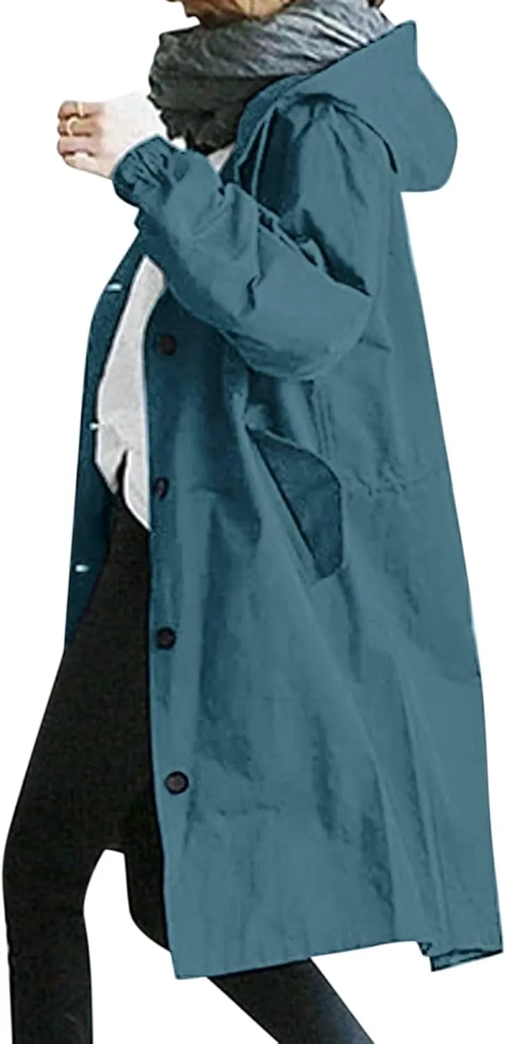 Women Trench Coat Long Sleeve Solid Pocket Cardigan Button Top Sweater Knit Hooded Coat Lapel Slim Casual Petite