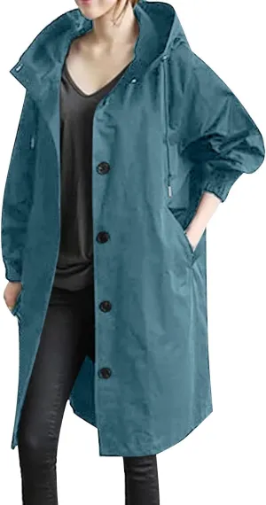 Women Trench Coat Long Sleeve Solid Pocket Cardigan Button Top Sweater Knit Hooded Coat Lapel Slim Casual Petite