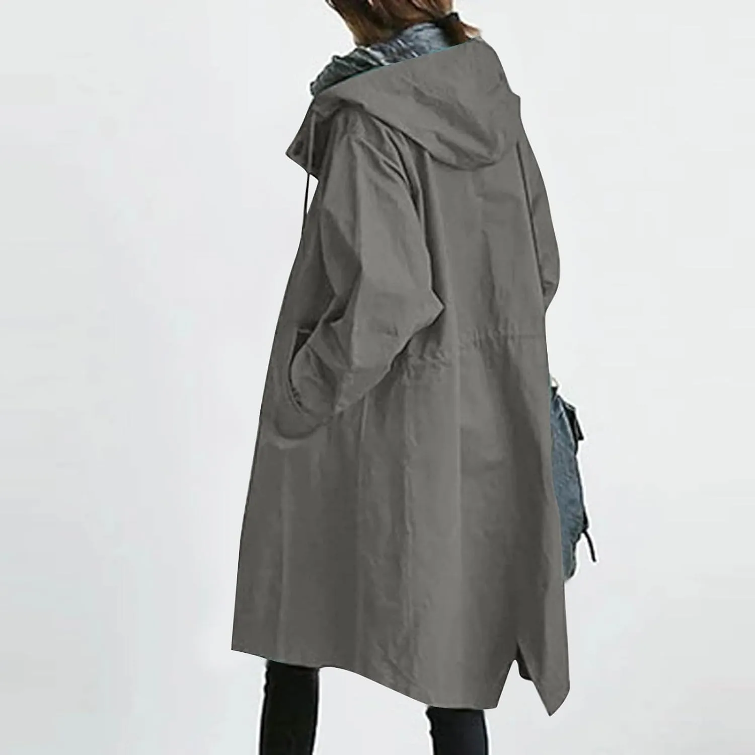 Women Trench Coat Long Sleeve Solid Pocket Cardigan Button Top Sweater Knit Hooded Coat Lapel Slim Casual Petite