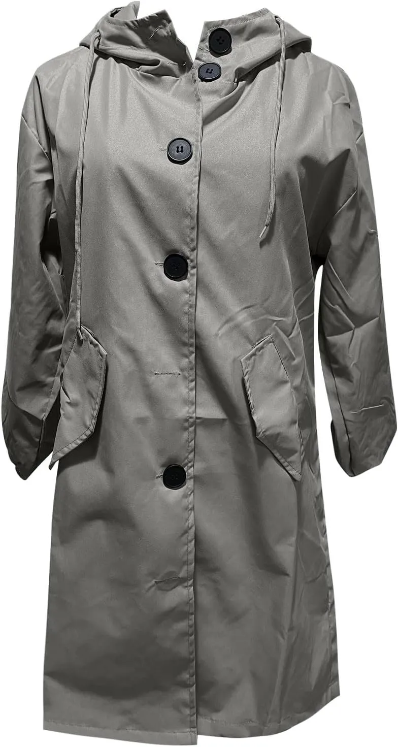 Women Trench Coat Long Sleeve Solid Pocket Cardigan Button Top Sweater Knit Hooded Coat Lapel Slim Casual Petite