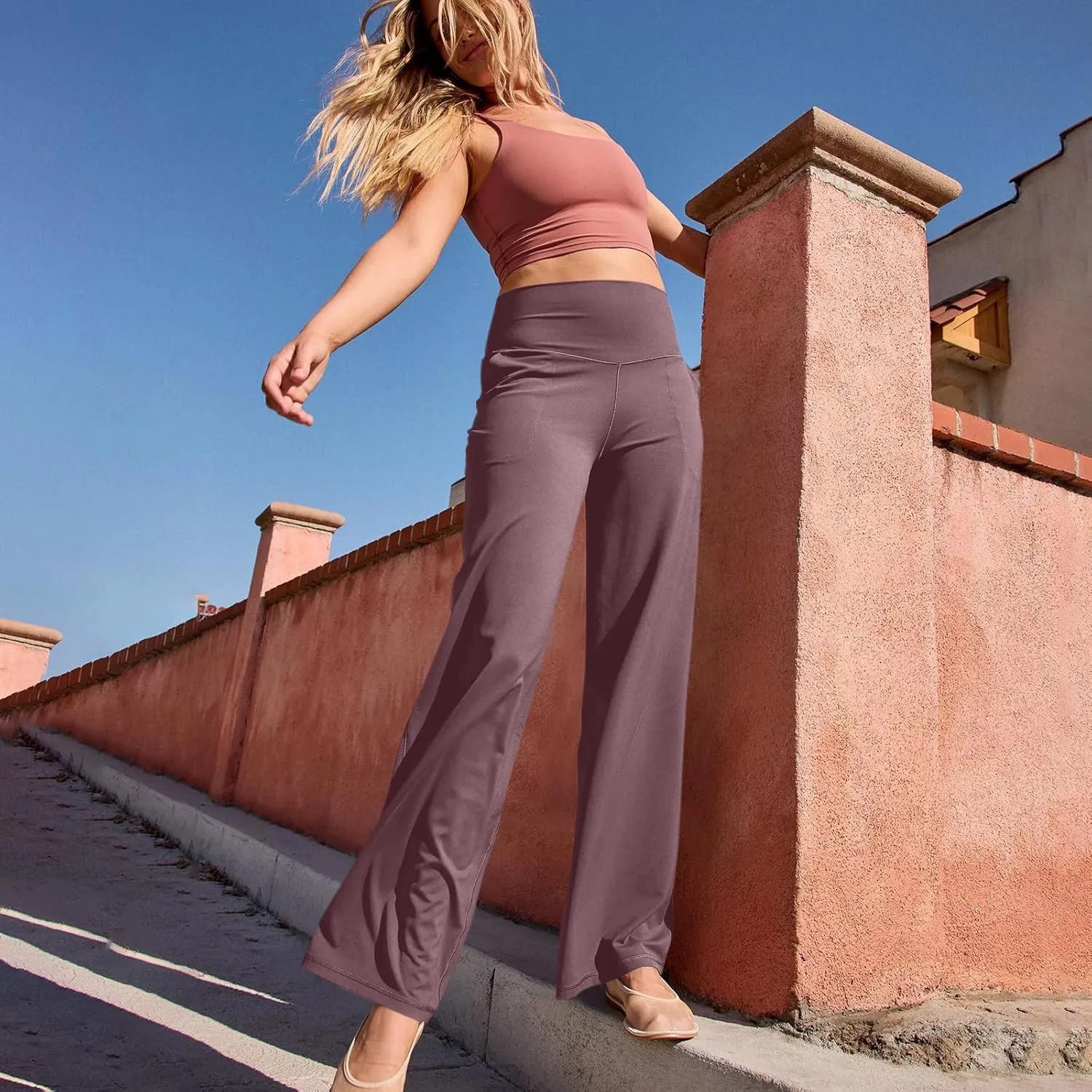 Women Wide Leg Yoga Pants with Pockets High Waist Straight Leg Dress Pants Tummy Control Flare Leggings