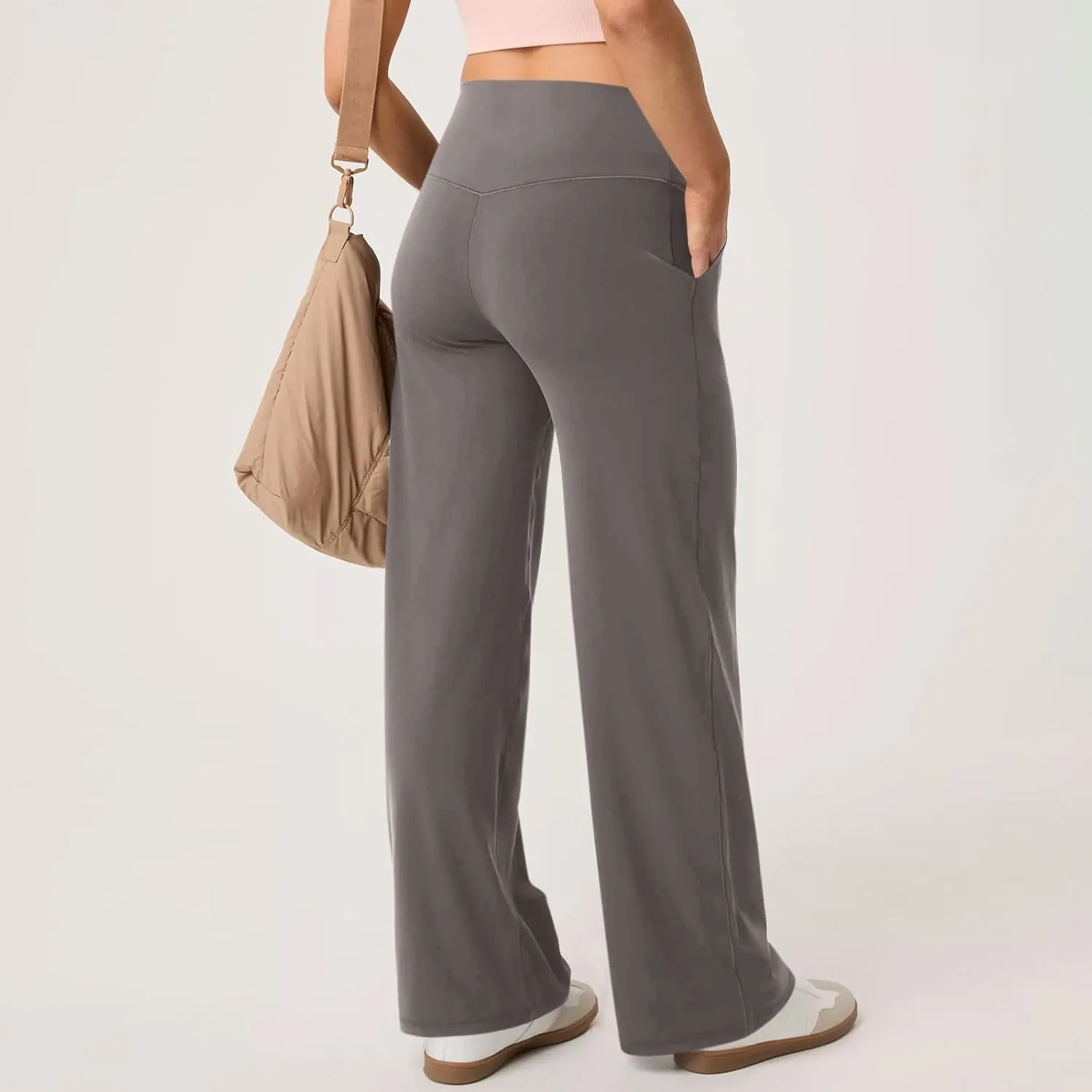 Women Wide Leg Yoga Pants with Pockets High Waist Straight Leg Dress Pants Tummy Control Flare Leggings