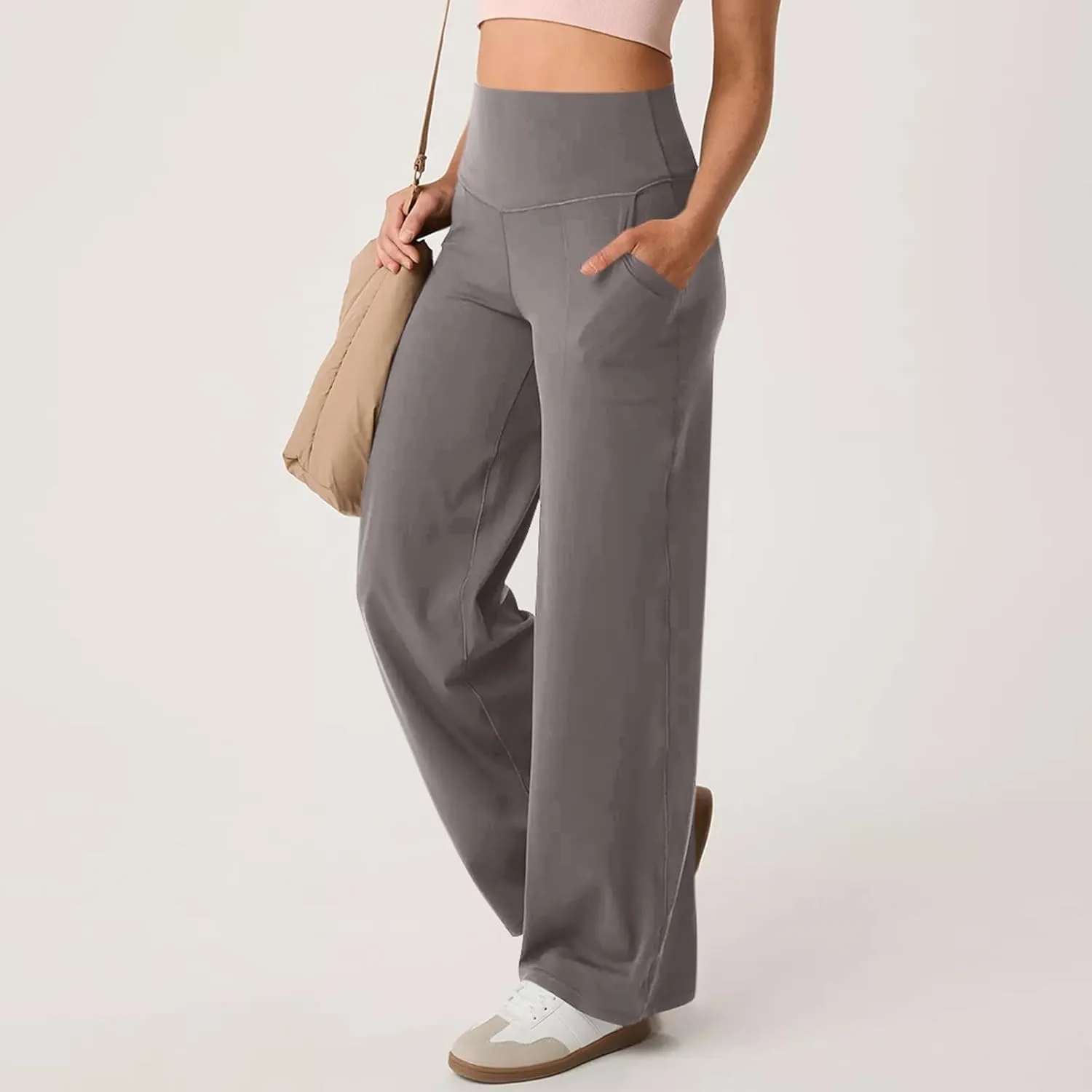 Women Wide Leg Yoga Pants with Pockets High Waist Straight Leg Dress Pants Tummy Control Flare Leggings