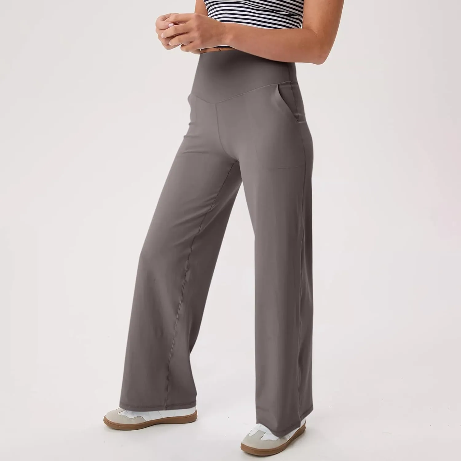 Women Wide Leg Yoga Pants with Pockets High Waist Straight Leg Dress Pants Tummy Control Flare Leggings