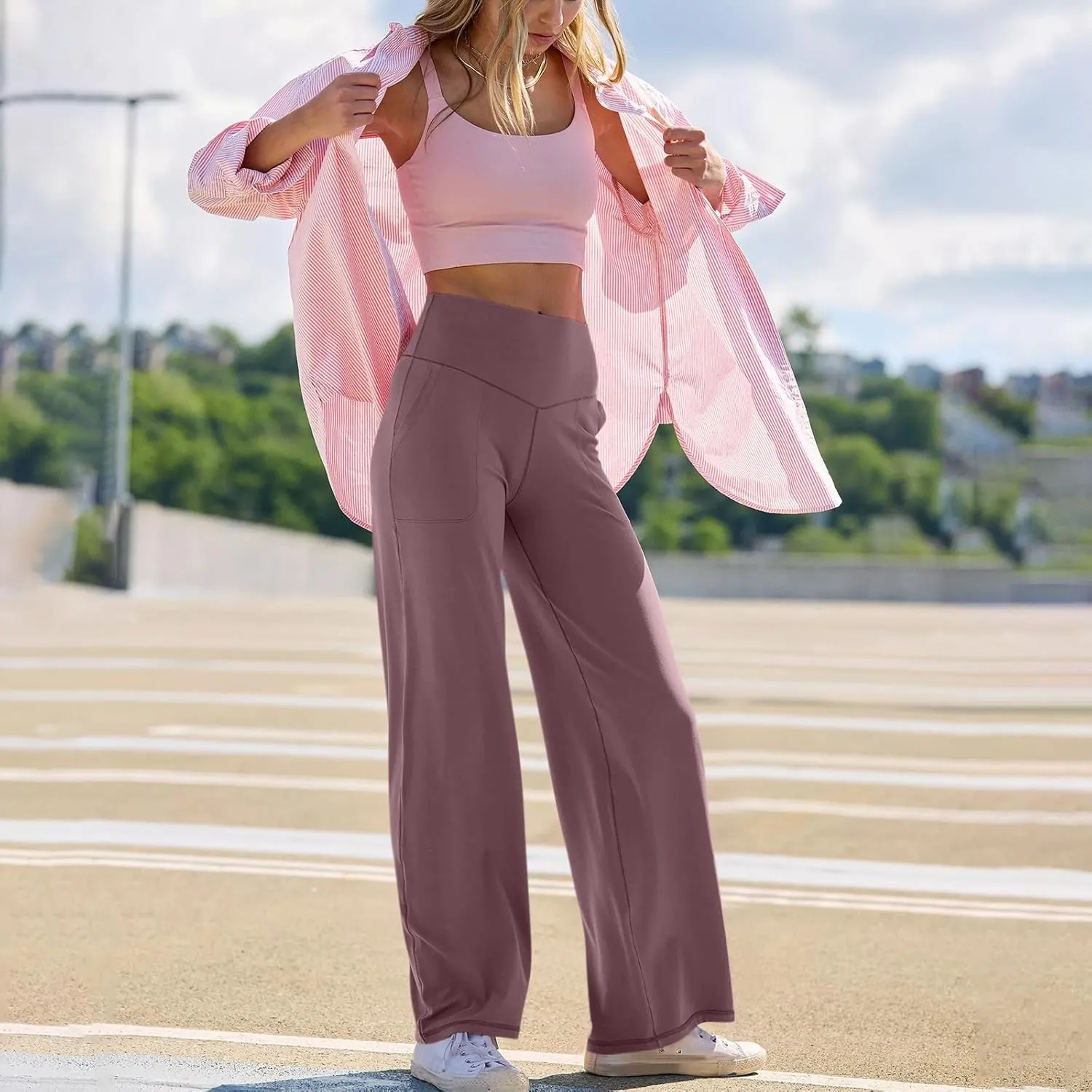 Women Wide Leg Yoga Pants with Pockets High Waist Straight Leg Dress Pants Tummy Control Flare Leggings