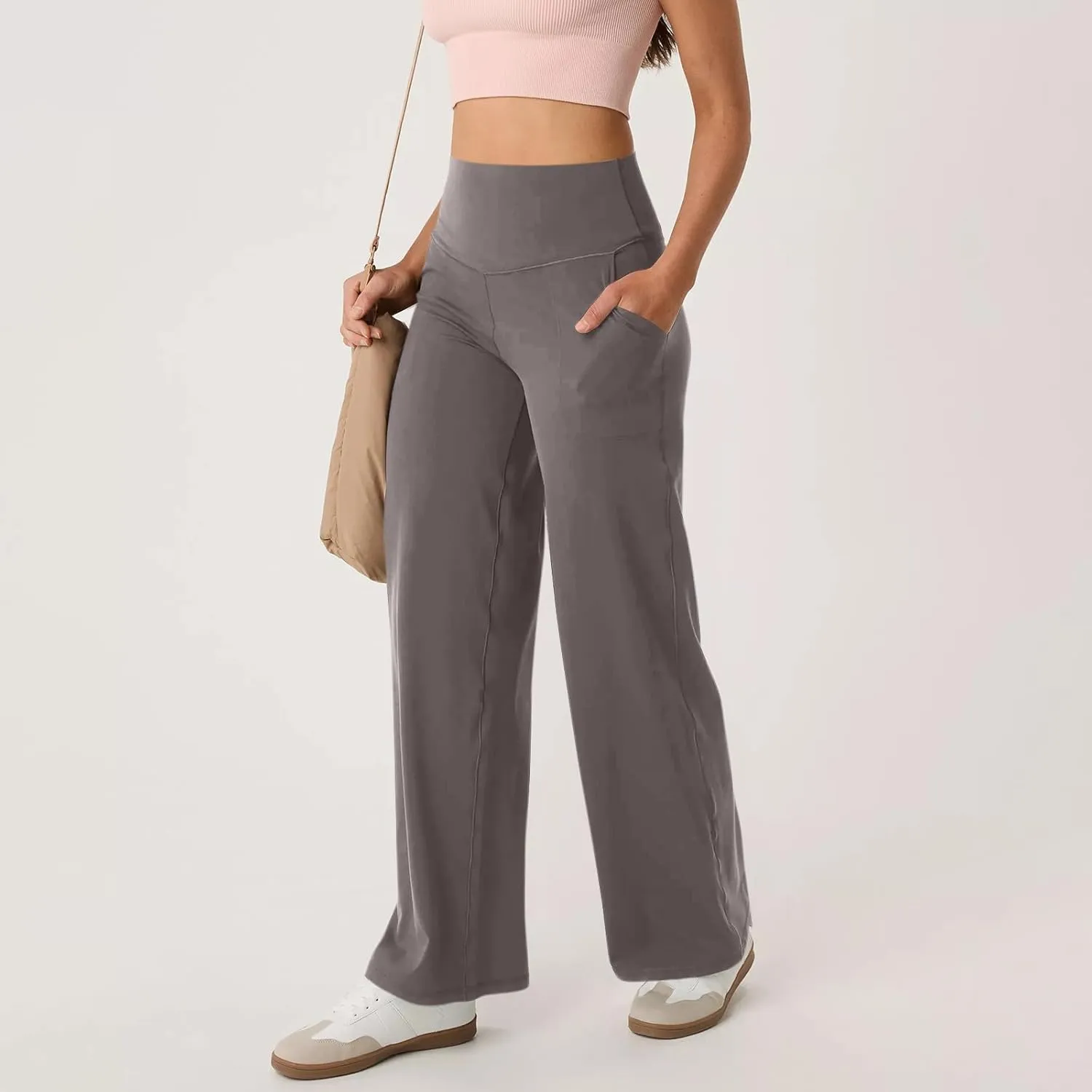 Women Wide Leg Yoga Pants with Pockets High Waist Straight Leg Dress Pants Tummy Control Flare Leggings