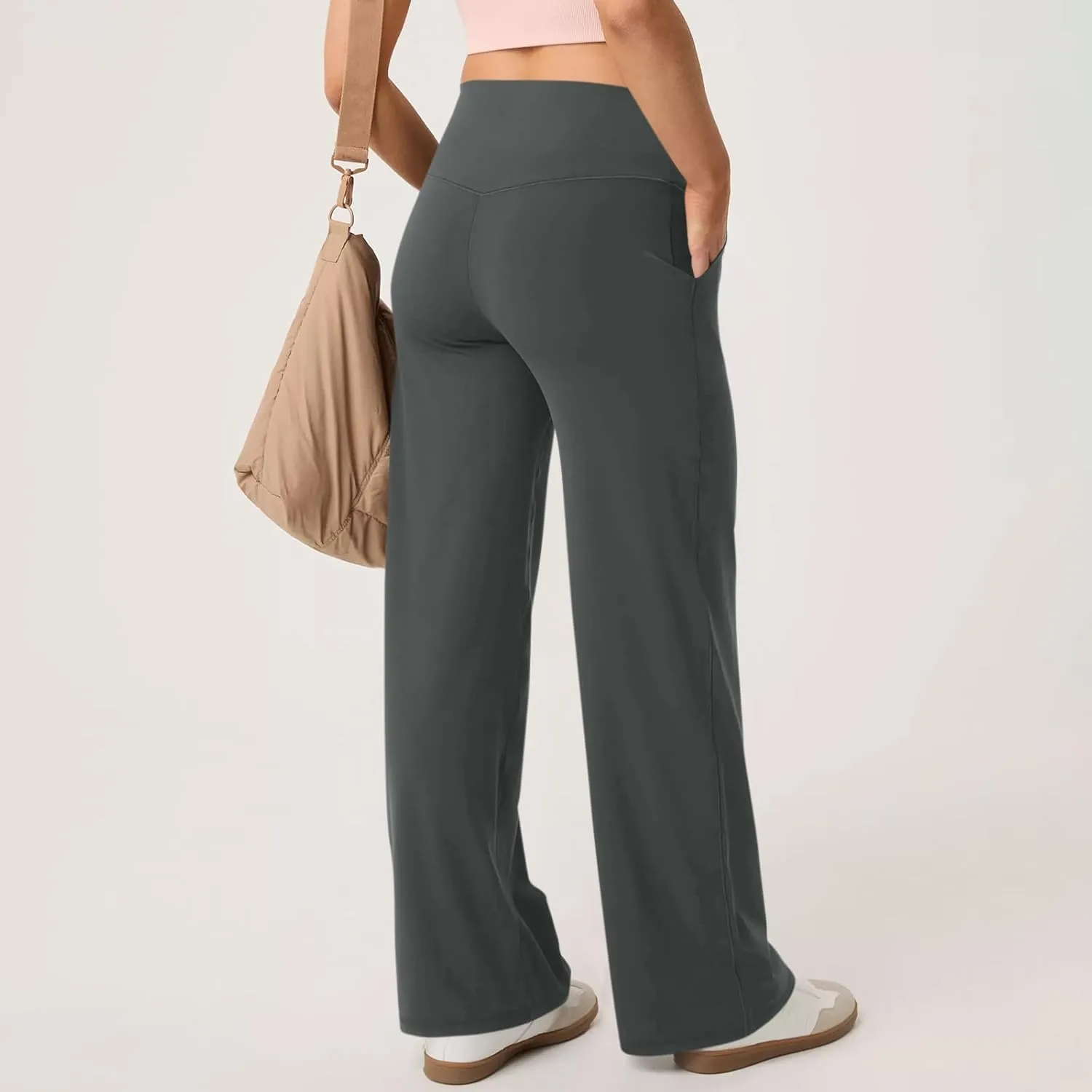Women Wide Leg Yoga Pants with Pockets Stretch Straight Leg Dress Pant Tummy Control Flare Leggings Athletic Pant
