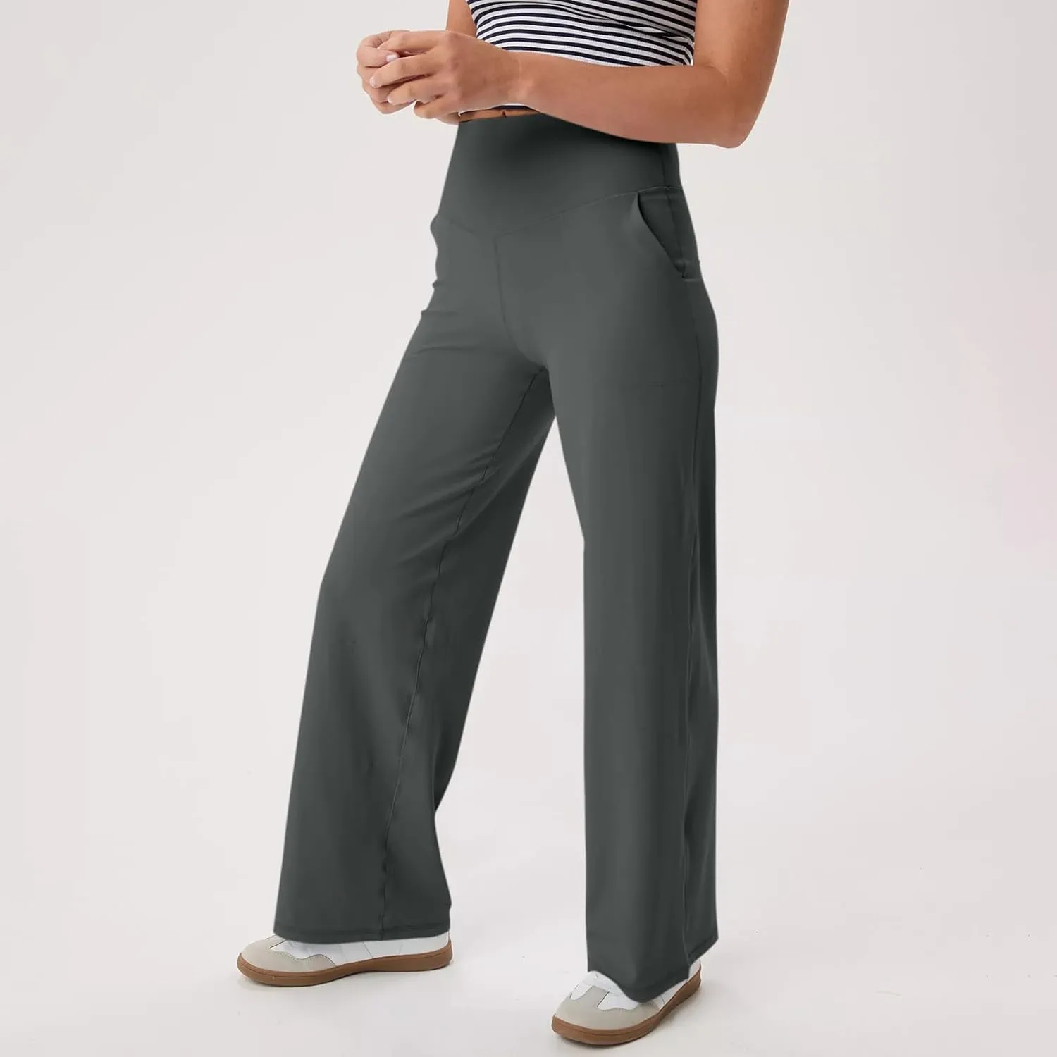 Women Wide Leg Yoga Pants with Pockets Stretch Straight Leg Dress Pant Tummy Control Flare Leggings Athletic Pant