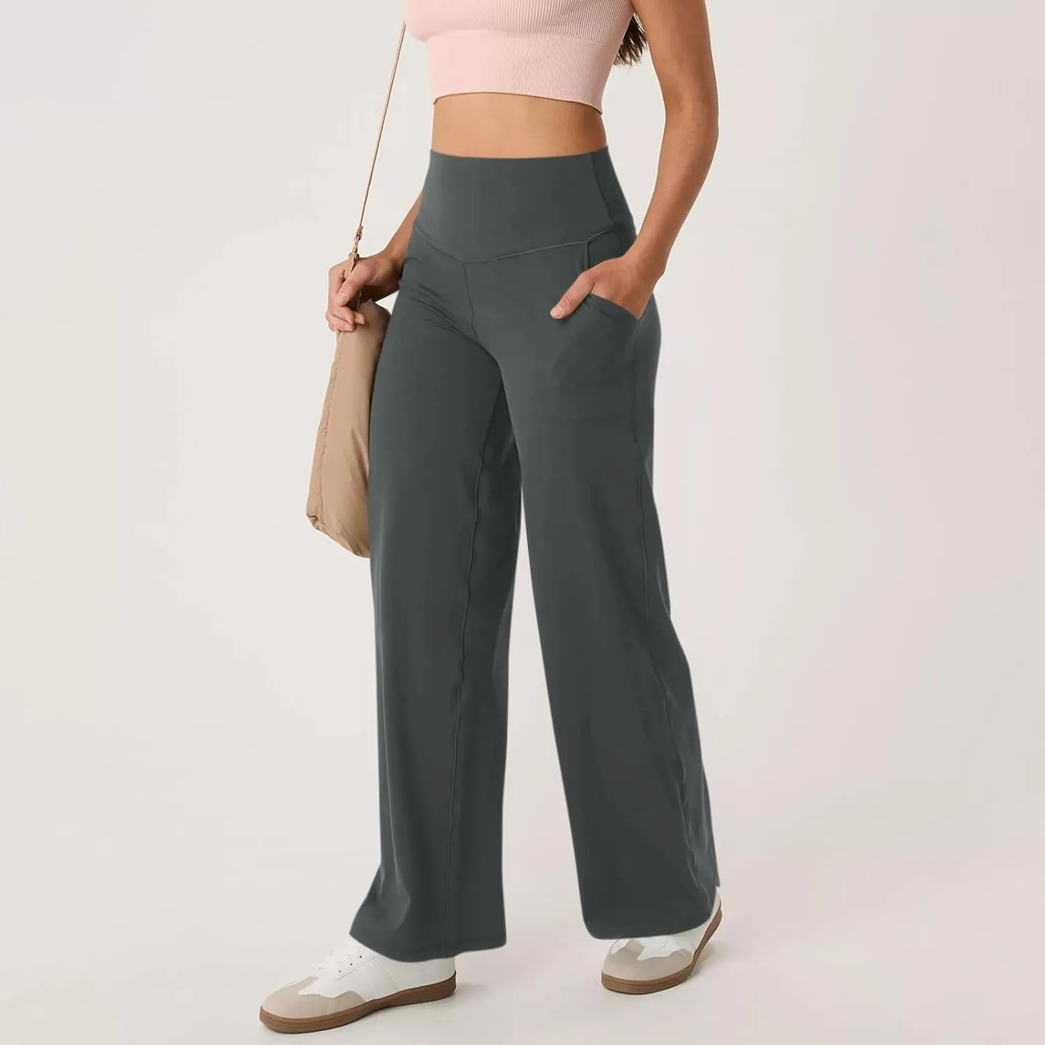 Women Wide Leg Yoga Pants with Pockets Stretch Straight Leg Dress Pant Tummy Control Flare Leggings Athletic Pant