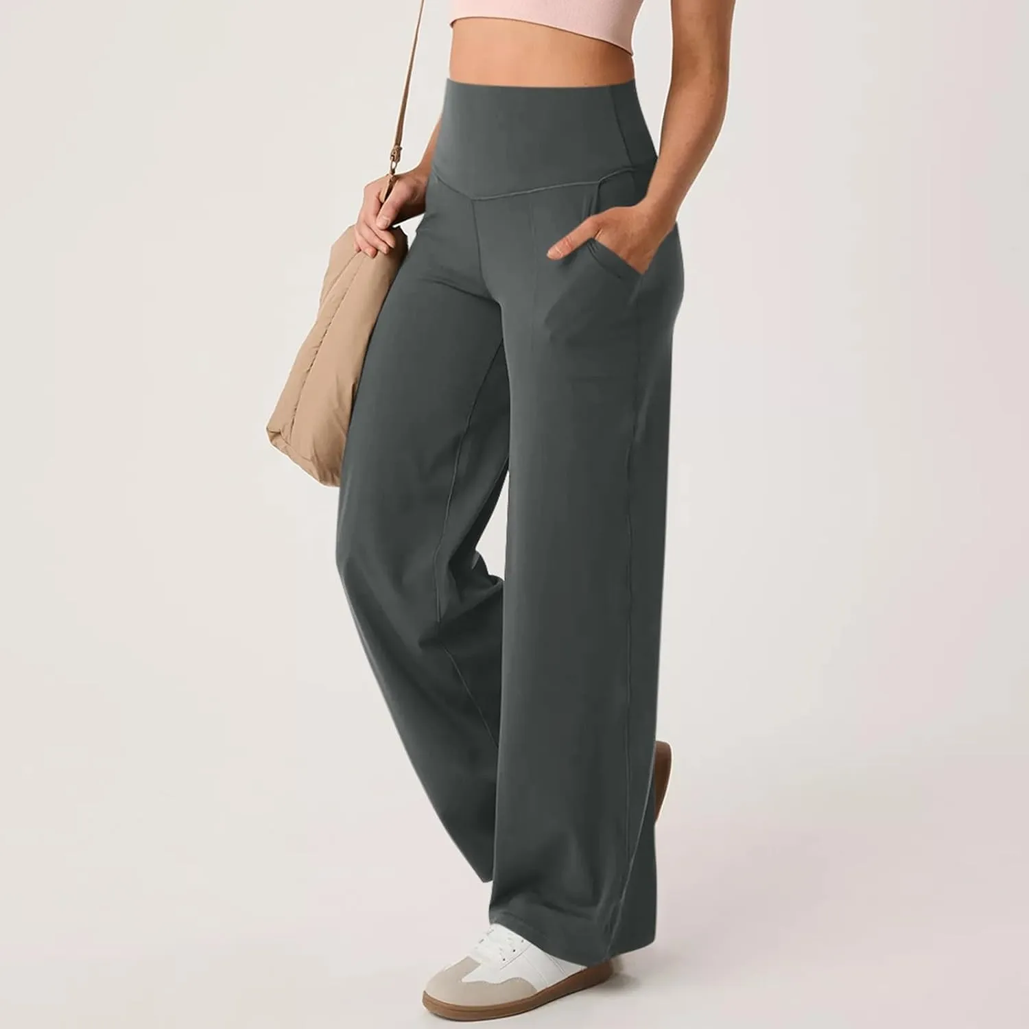 Women Wide Leg Yoga Pants with Pockets Stretch Straight Leg Dress Pant Tummy Control Flare Leggings Athletic Pant