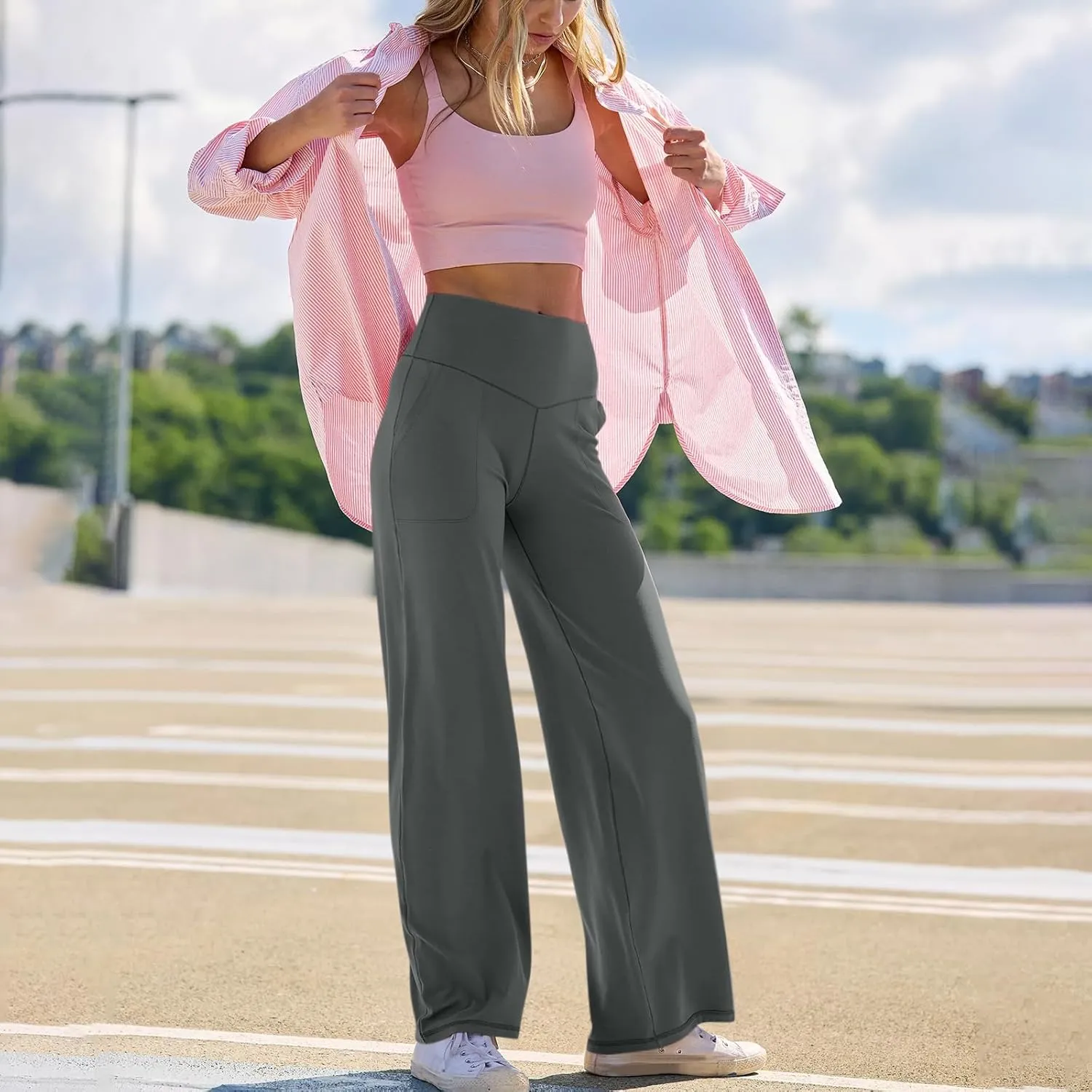 Women Wide Leg Yoga Pants with Pockets Stretch Straight Leg Dress Pant Tummy Control Flare Leggings Athletic Pant