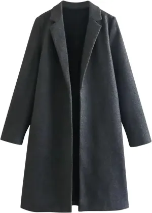 Women Winter Coats Wool Blend Mid Long Trench Coats Notch Lapel Open Front Pea Coat Elegant Work Office Jackets