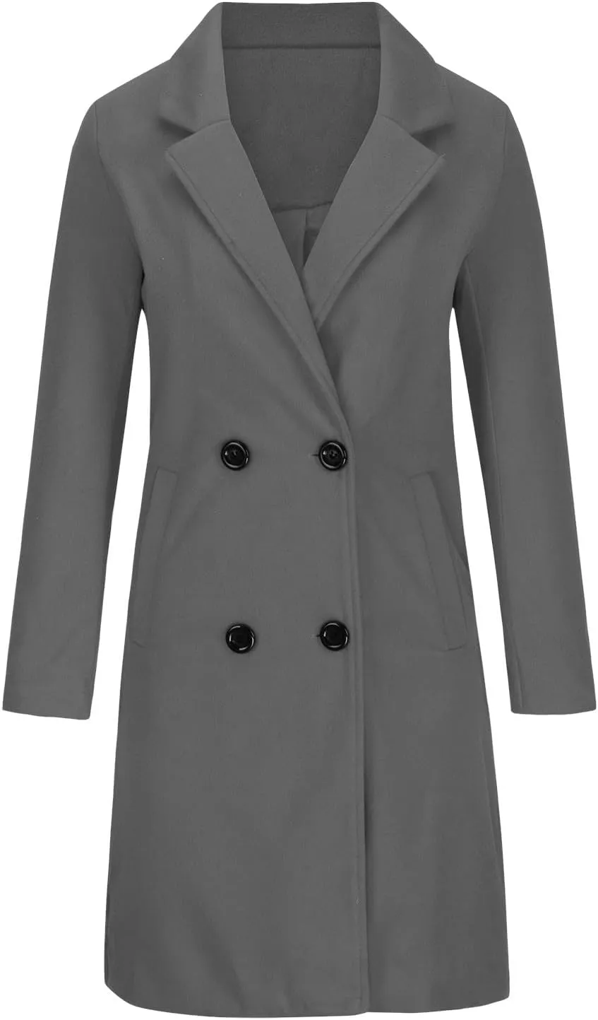 Women Winter Wool Blend Mid-Long Coat Notch Double-Breasted Lapel Jacket Outwear Business Casual Trench Coat Overcoats