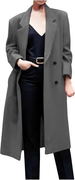 Women Winter Wool Blend Mid-Long Coat Notch Double-Breasted Lapel Jacket Outwear Business Casual Trench Coat Overcoats