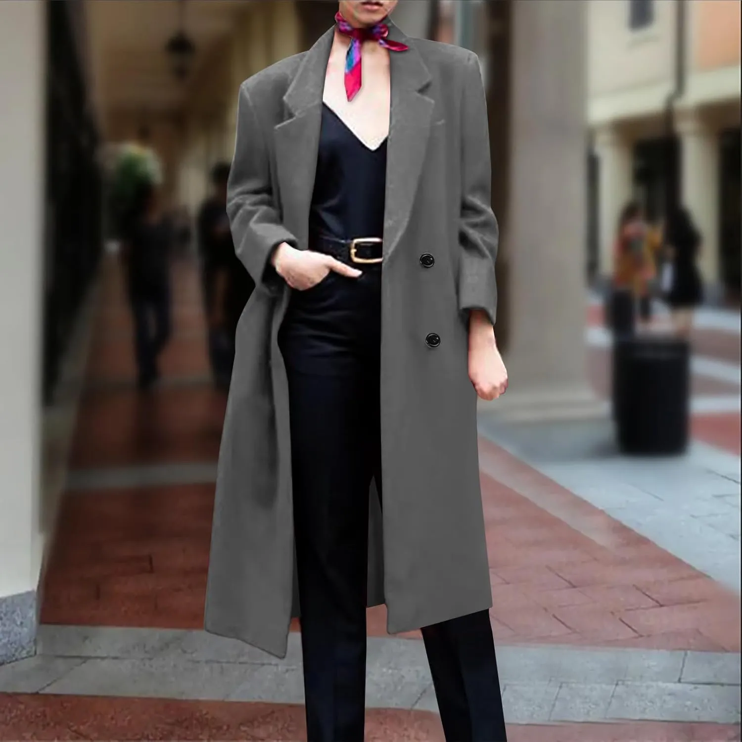 Women Winter Wool Blend Mid-Long Coat Notch Double-Breasted Lapel Jacket Outwear Business Casual Trench Coat Overcoats