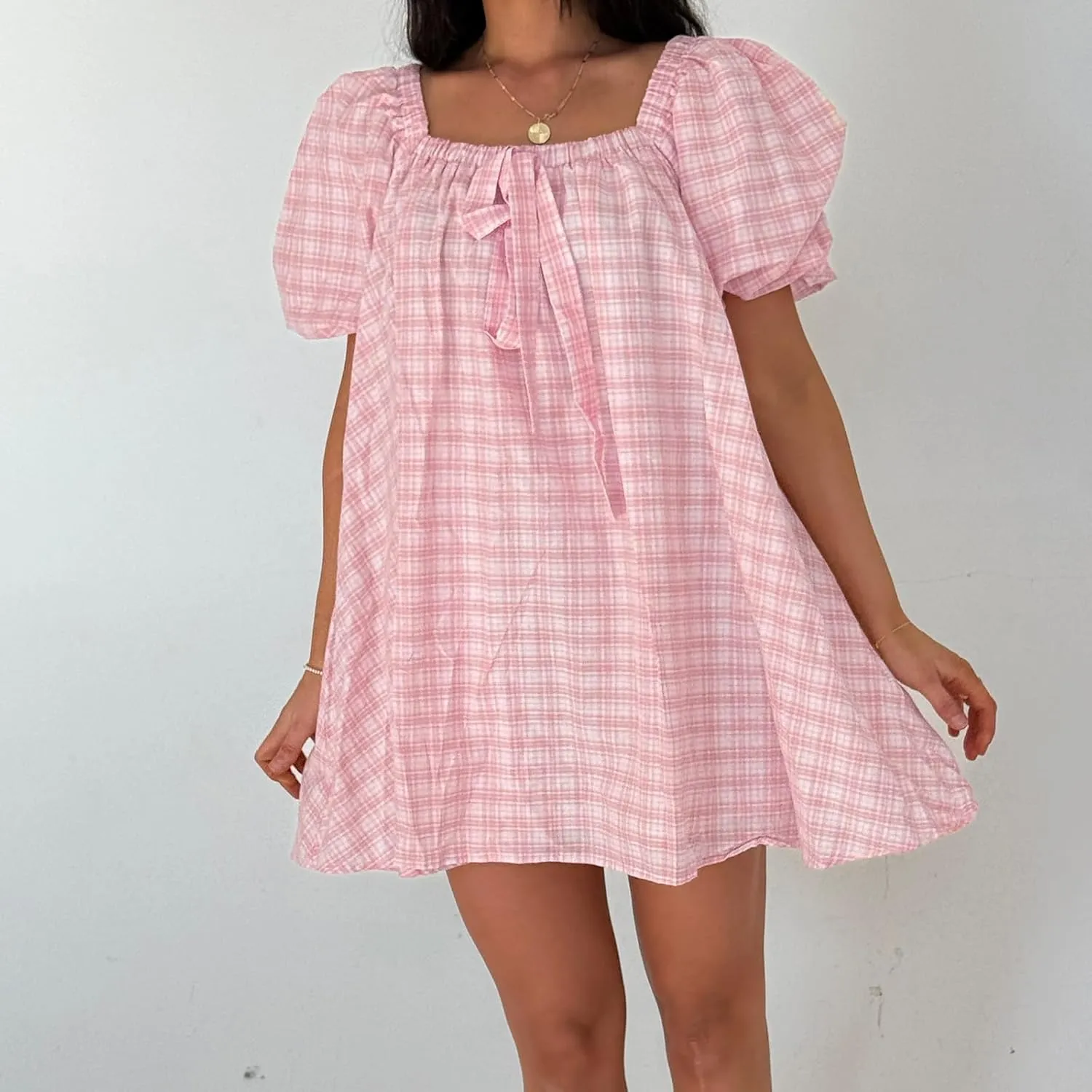 Women Y2k Babydoll Mini Dress Gingham Short Puff Sleeve Square Neck Dress Floral Fairy Loose Fit Sundresses