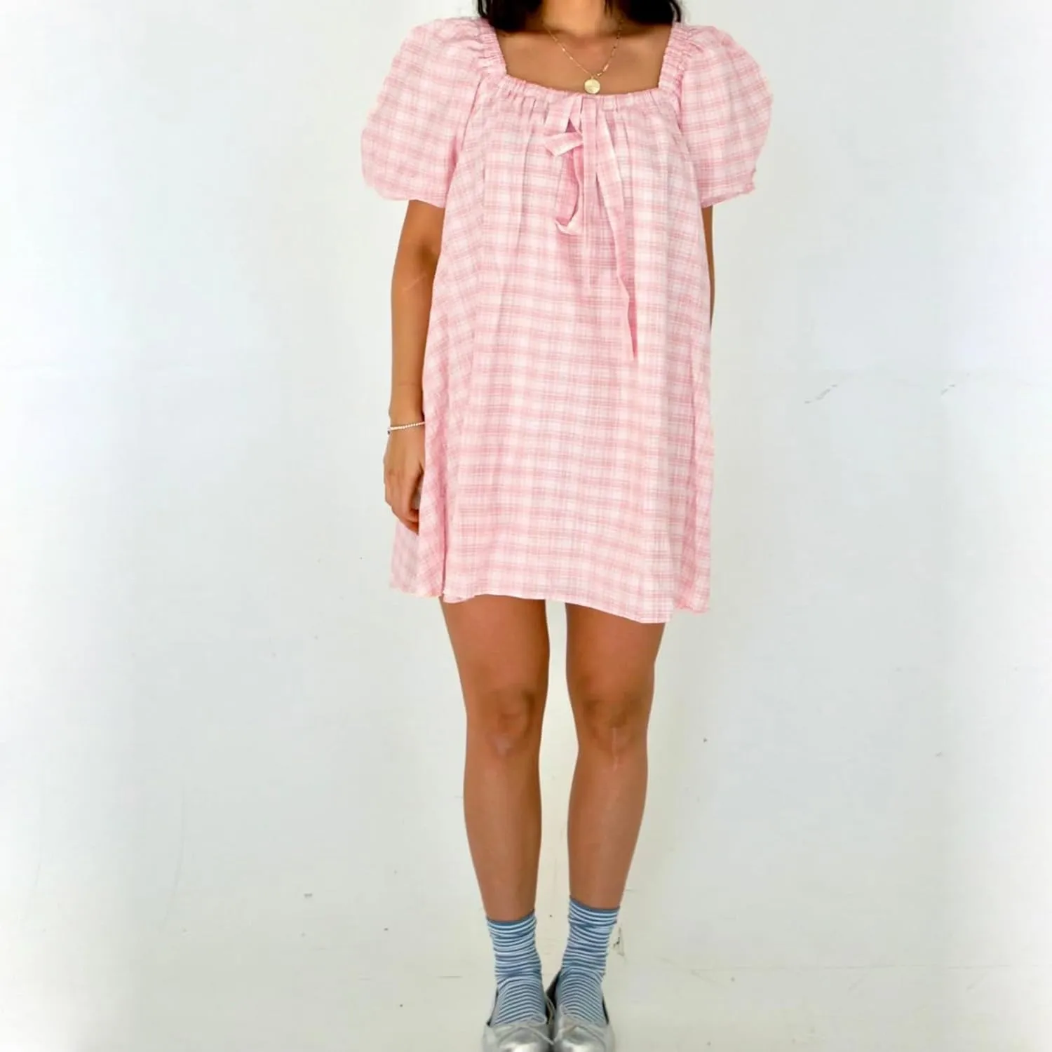 Women Y2k Babydoll Mini Dress Gingham Short Puff Sleeve Square Neck Dress Floral Fairy Loose Fit Sundresses