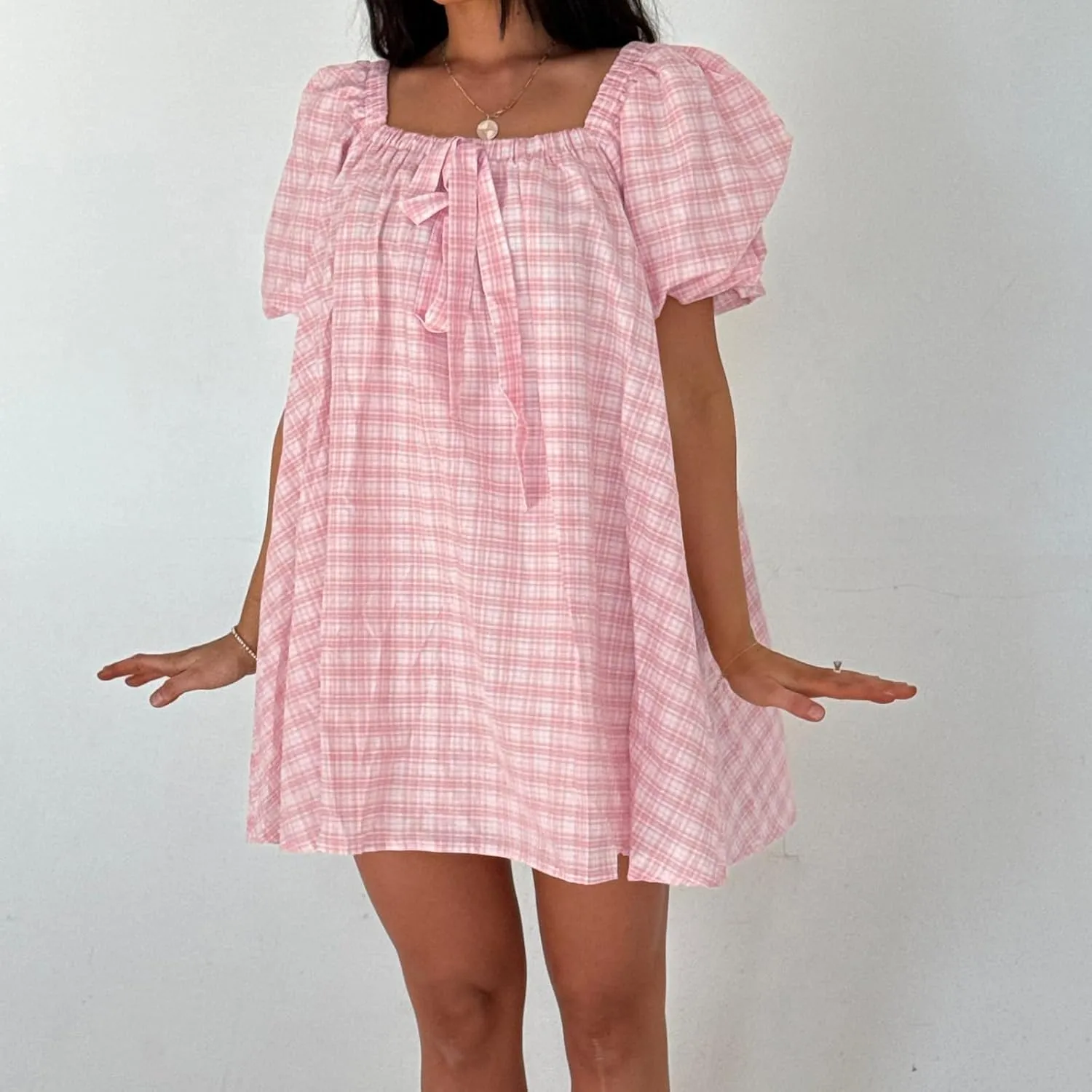 Women Y2k Babydoll Mini Dress Gingham Short Puff Sleeve Square Neck Dress Floral Fairy Loose Fit Sundresses