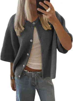 Women Y2k Knitted Crop Cardigan Short Sleeve Button Up Rib Knit Solid Color Cute Sweater Shirt