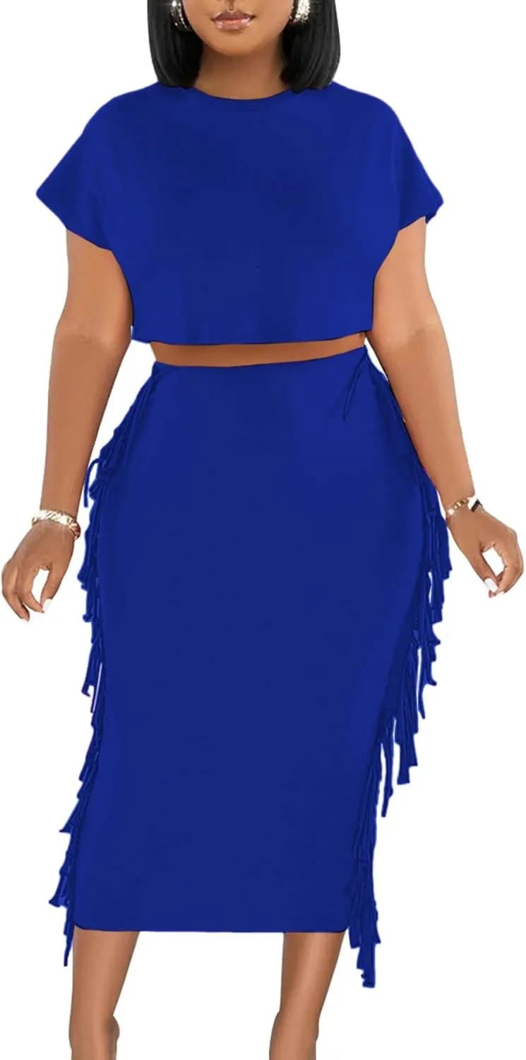 Women's 2 Piece Outfits Crew Neck Fringe Short Sleeve Crop Top and Tassel Trim Bodycon Midi Skirt Set (XX-Large,Solid Blue)