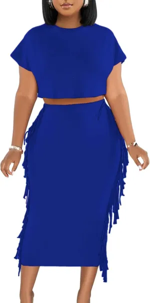 Women's 2 Piece Outfits Crew Neck Fringe Short Sleeve Crop Top and Tassel Trim Bodycon Midi Skirt Set (XX-Large,Solid Blue)
