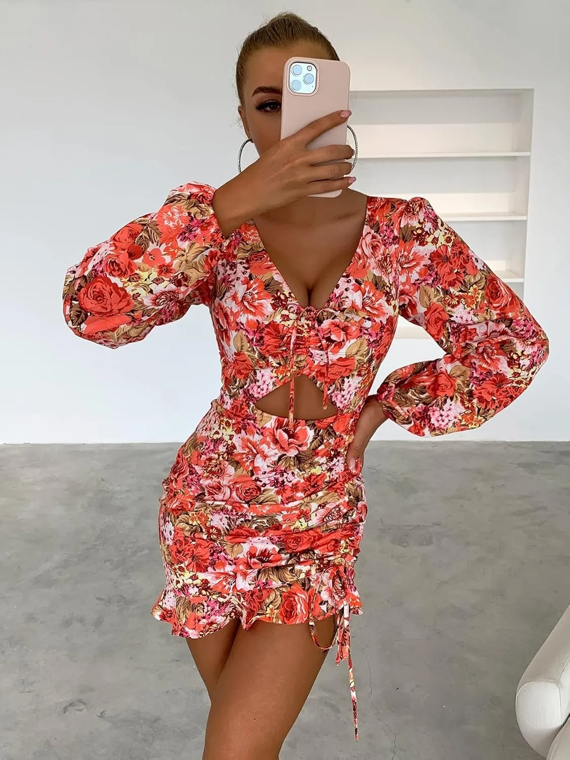 Women's 2023 Summer Sexy Mini Short Bodycon Dress Floral Print Knot Front Cutout Ruched Ruffle Hem Bodycon Dress