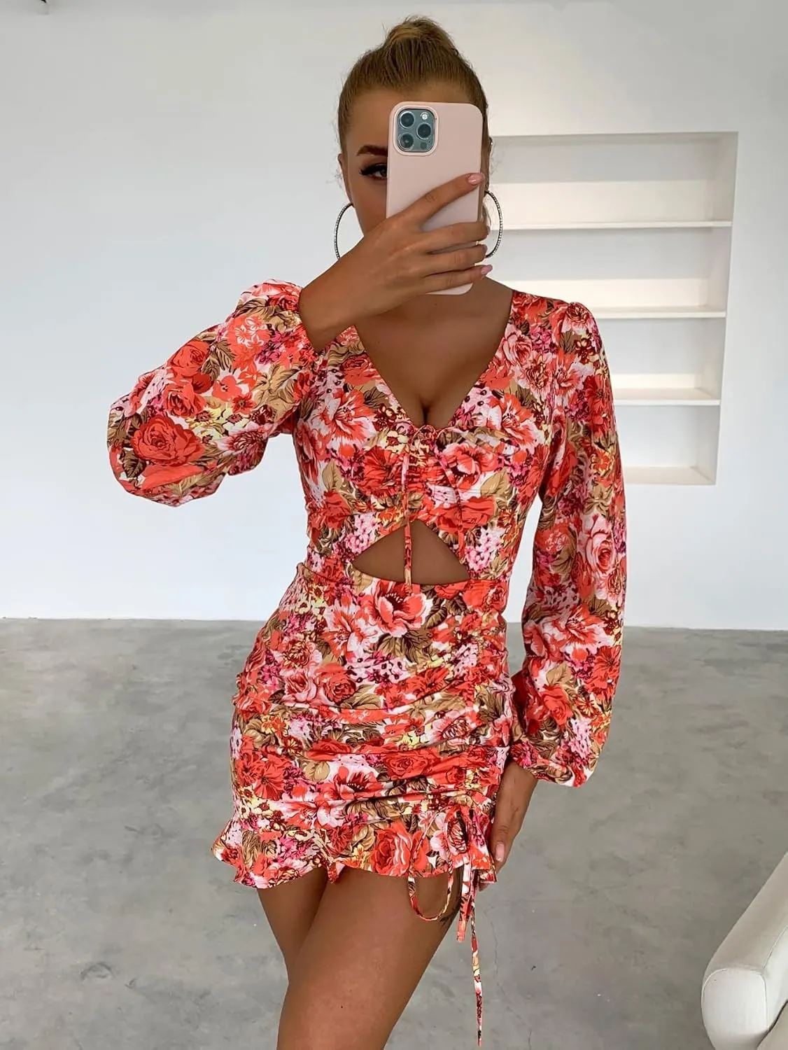 Women's 2023 Summer Sexy Mini Short Bodycon Dress Floral Print Knot Front Cutout Ruched Ruffle Hem Bodycon Dress
