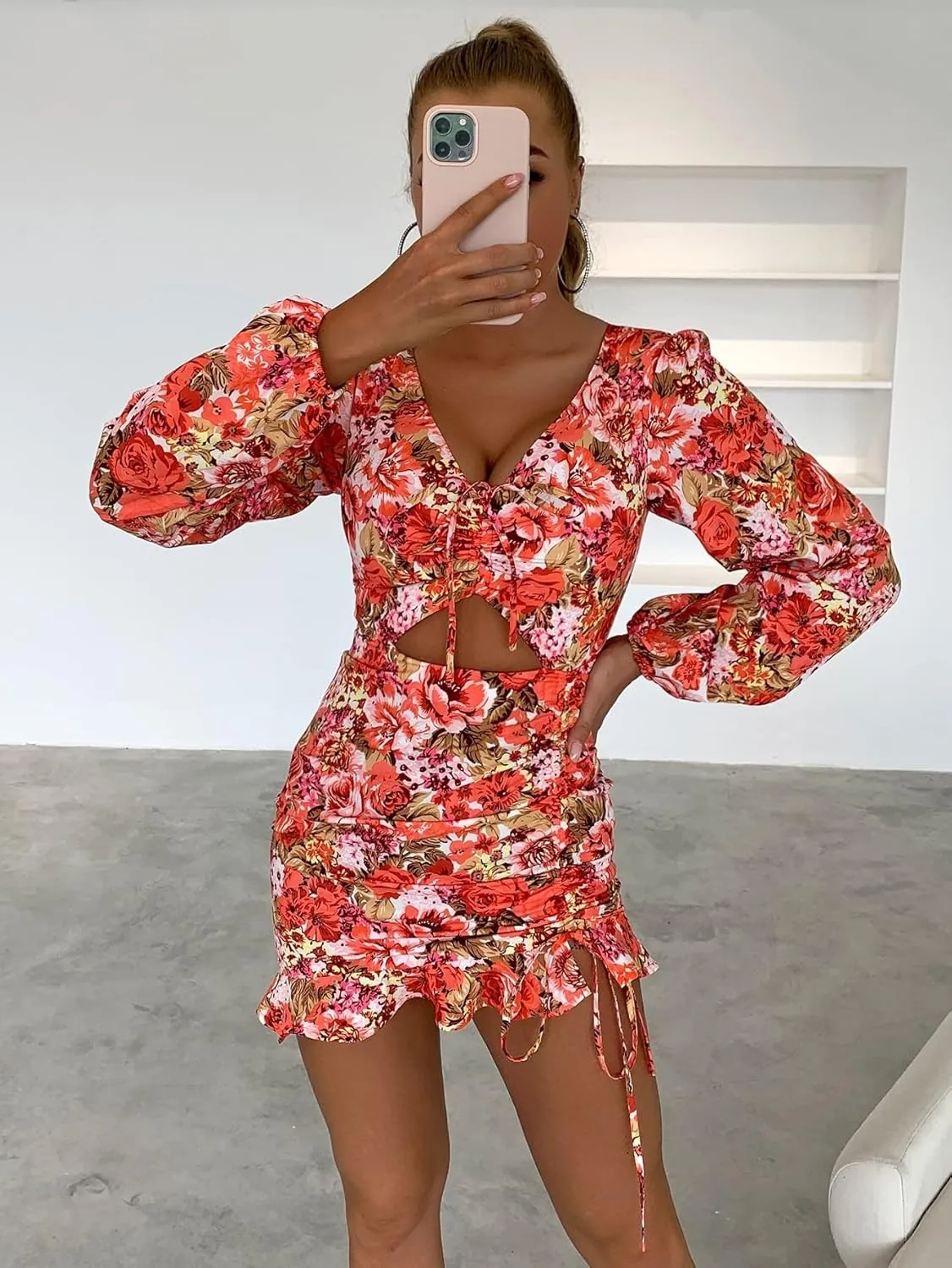 Women's 2023 Summer Sexy Mini Short Bodycon Dress Floral Print Knot Front Cutout Ruched Ruffle Hem Bodycon Dress