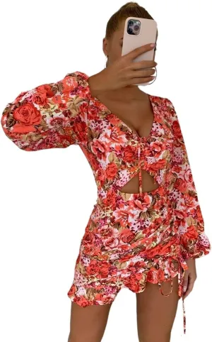 Women's 2023 Summer Sexy Mini Short Bodycon Dress Floral Print Knot Front Cutout Ruched Ruffle Hem Bodycon Dress