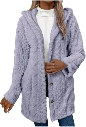 Womens 2024 Winter Long Sleeve Solid Fuzzy Fleece Open Front Hooded Cardigans Jacket Coats Outerwear