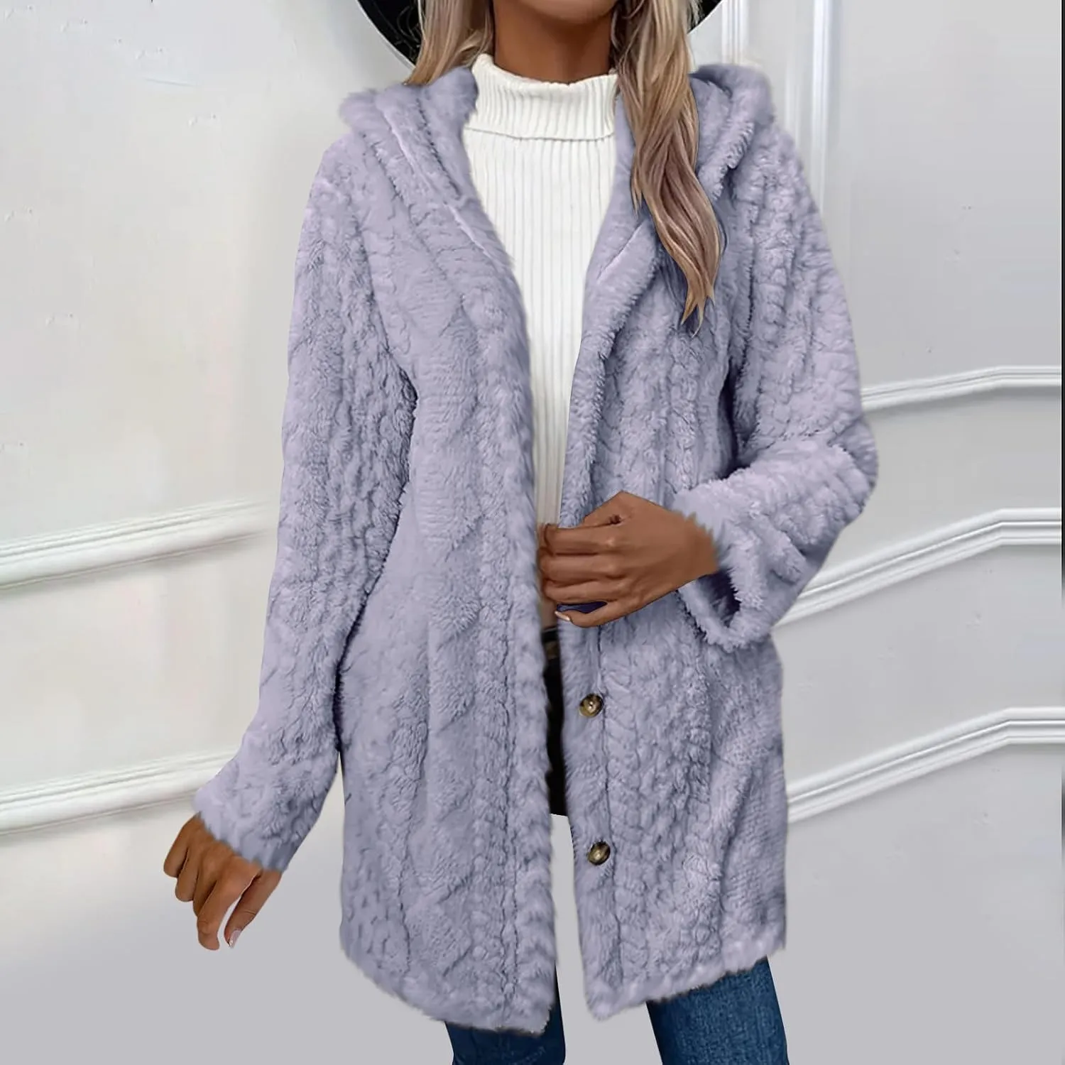 Womens 2024 Winter Long Sleeve Solid Fuzzy Fleece Open Front Hooded Cardigans Jacket Coats Outerwear