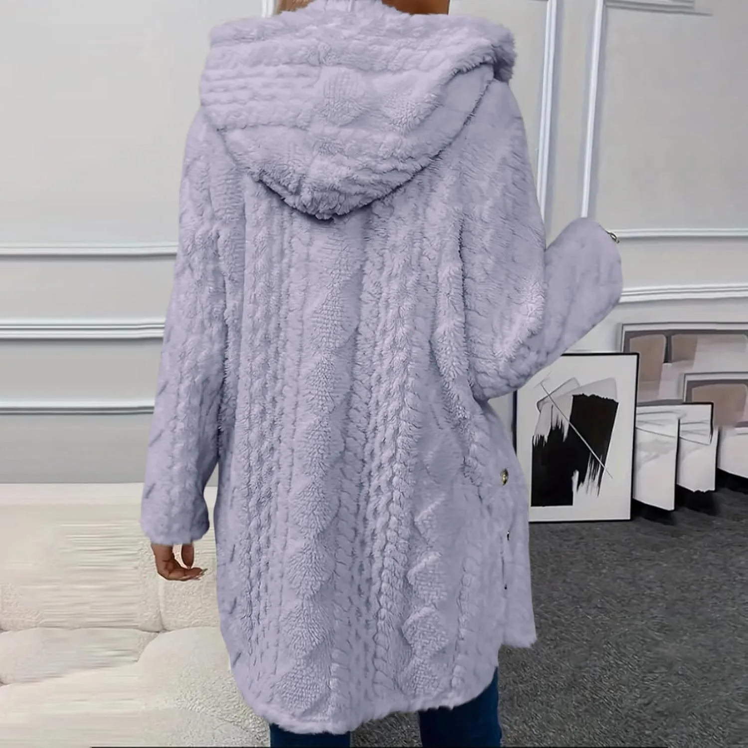 Womens 2024 Winter Long Sleeve Solid Fuzzy Fleece Open Front Hooded Cardigans Jacket Coats Outerwear