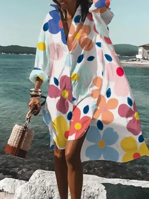 Women's Beach Cover-Up - Flowy Lightweight Caftan - Long Sleeve V-Neck Resort Wear