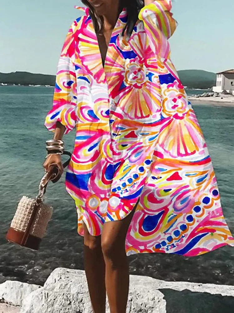Women's Beach Cover-Up - Flowy Lightweight Caftan - Long Sleeve V-Neck Resort Wear