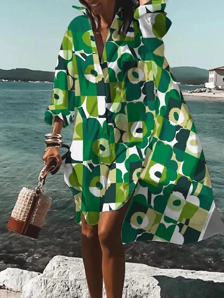 Women's Beach Cover-Up - Flowy Lightweight Caftan - Long Sleeve V-Neck Resort Wear