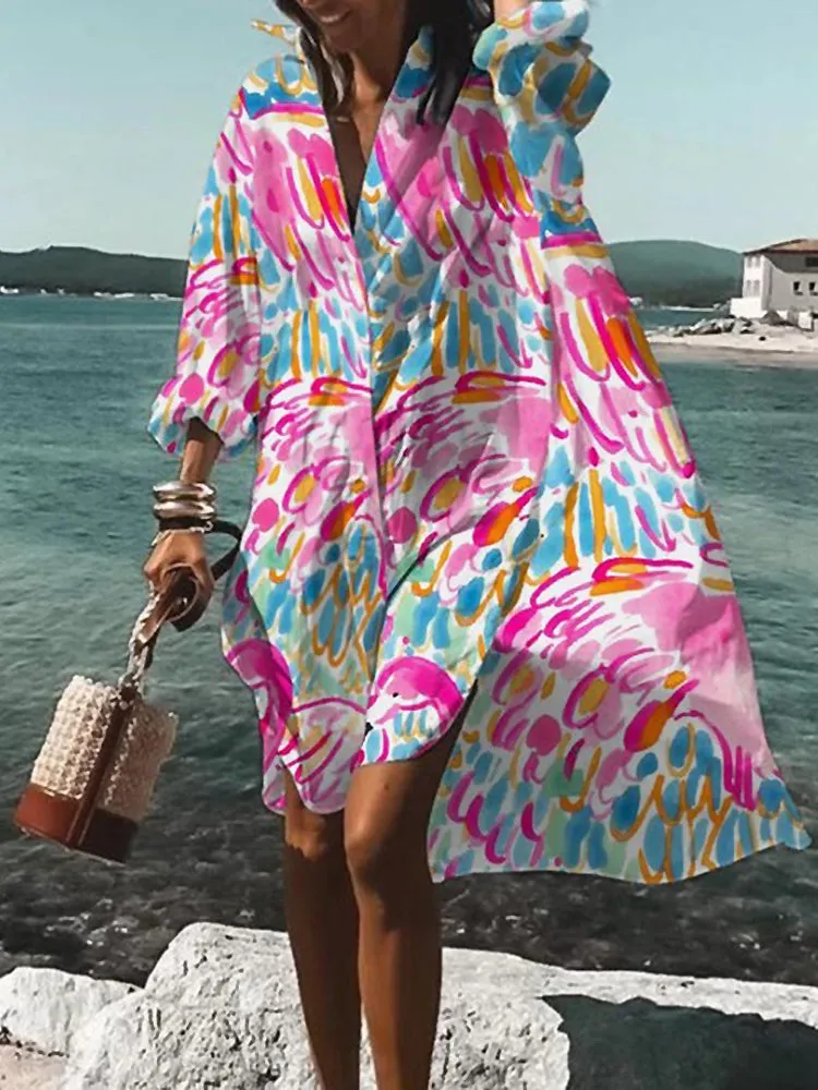 Women's Beach Cover-Up - Flowy Lightweight Caftan - Long Sleeve V-Neck Resort Wear
