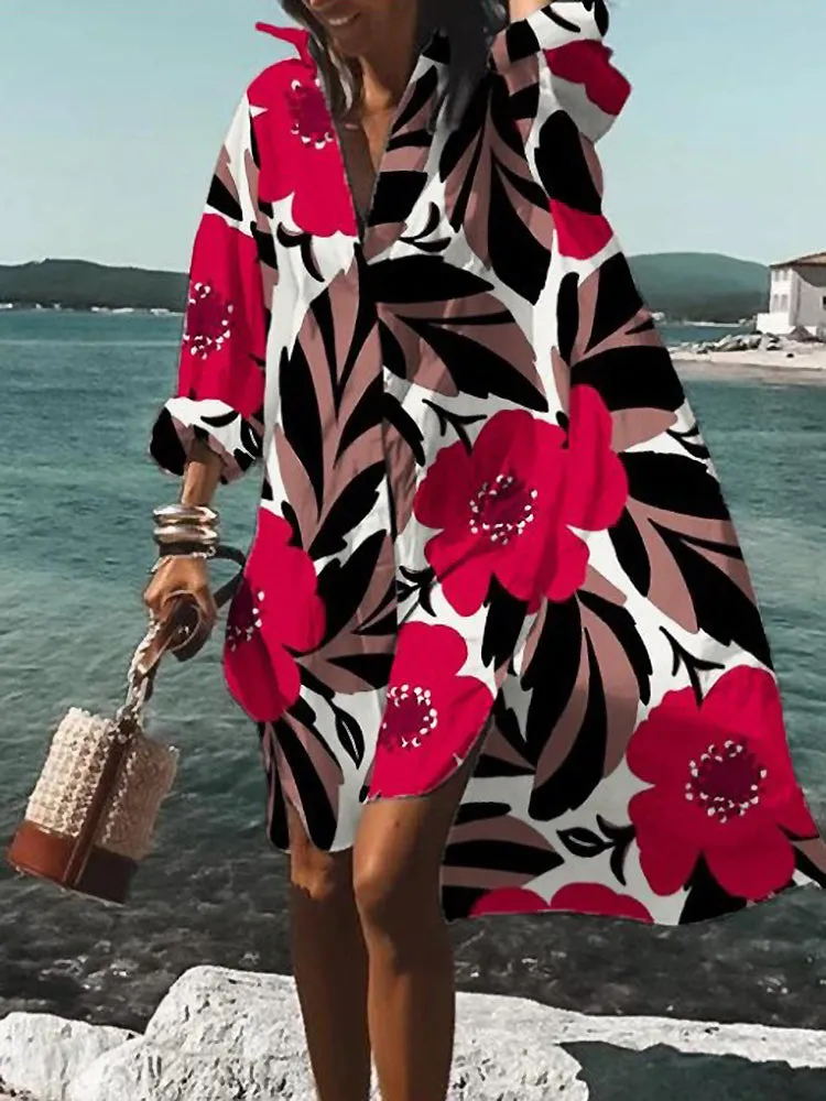 Women's Beach Cover-Up - Flowy Lightweight Caftan - Long Sleeve V-Neck Resort Wear